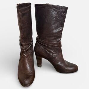 Frye Miranda Slouch Mid Calf boot in dark brown leather 3.5-inch heel size 9